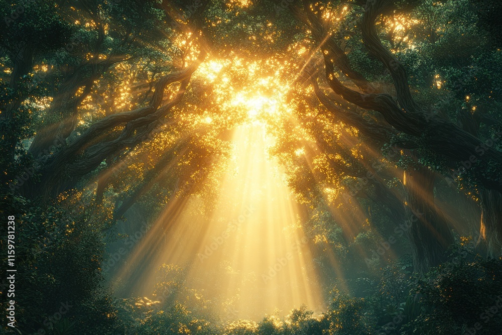 Aufkleber sunlight streams through dense forest canopy creating a magical atmosphere at sunrise. generative ai