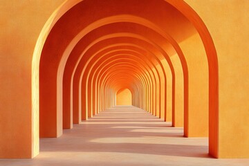 Fototapeta premium Vibrant arches create a mesmerizing pathway leading into a warm orange space. Generative AI