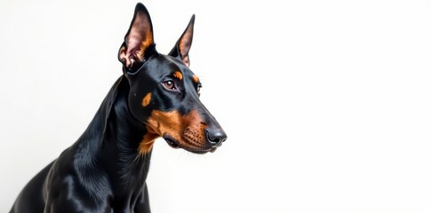 Stately Doberman, black & rust coat, pristine white background, pet, striking pose