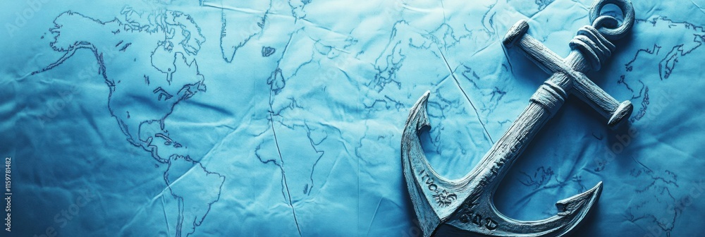 Poster Nautical anchor resting on detailed nautical map with ample space for travel notes and reminders. Generative AI
