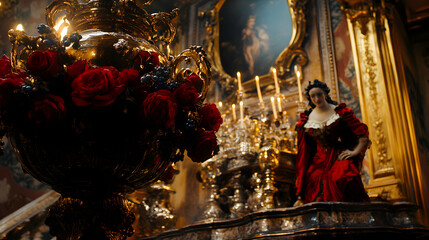 Opulent gold and red interior;  a gilded urn filled with crimson roses sits in the foreground, partially obscuring a view of a regal woman in a red gown and a grand golden altar.
