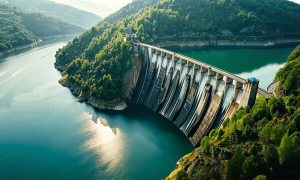 Aerial view of large dam with surrounding greenery and water reservoir