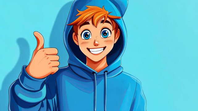 Cheerful cartoon woman in blue hoodie gives a thumbs up, spreading positivity and success in a vibrant 3D illustration.