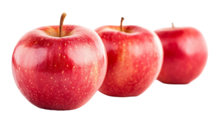 Freigestelltes Bild von drei roten Äpfeln in Reihe.