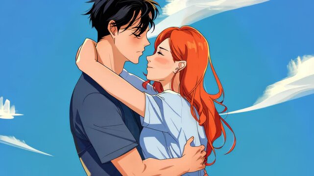 A sweet digital art piece depicting a couple embracing, surrounded by colorful backgrounds and vibrant anime aesthetics.