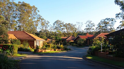 Suburban street with houses and trees.