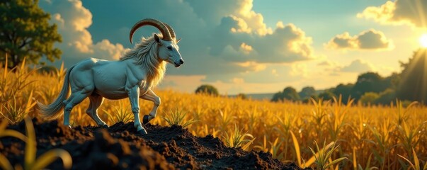 Virgo zodiac symbol, abundant harvest, rich soil, golden, agriculture