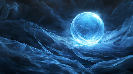 Obraz premium A glowing blue sphere glows softly on a bed of dark, wispy fabrics, dreamy scene, wistful ambiance, ethereal light. Wistful. Illustration