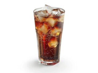 A tall clear glass of soda with ice cubes floating on top, possibly a cola given the carbonation and appearance.