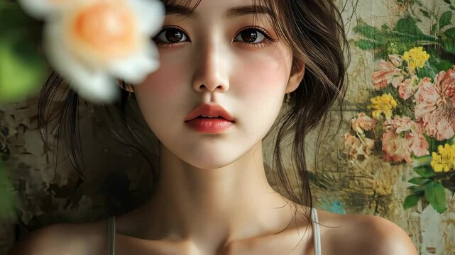 A stunning closeup of a beautiful Korean woman in dramatic light, showcasing her glam and style in jeans and a tee.