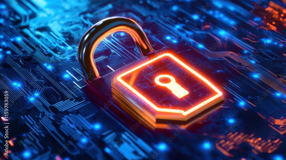 Poster secure padlock on digital circuit background