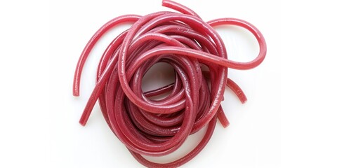 A close-up of red licorice candy in circular shapes, with a white background for contrast.