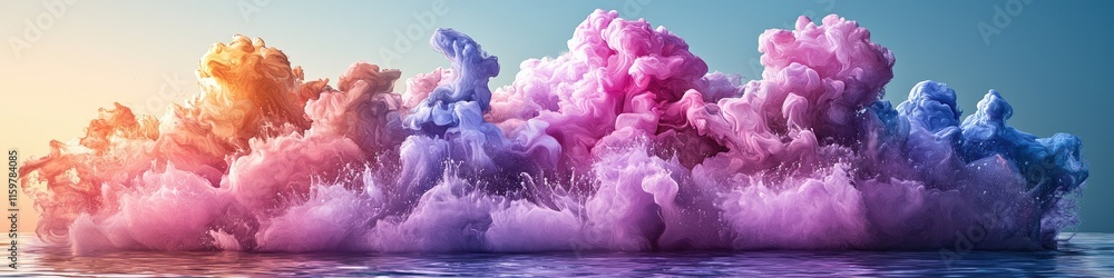 Poster a vibrant display of colorful clouds reflecting on water, creating a serene atmosphere.