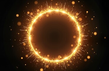 Golden circular light shines brightly on dark background. Sparkles, particles create glowing ring. Abstract design perfect for holiday celebration. Graphic features circle of golden light particles