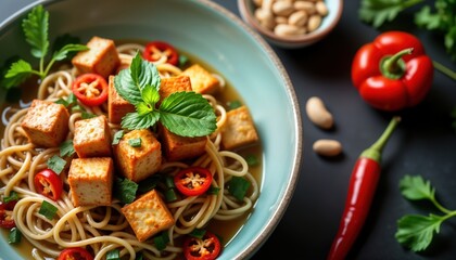 Fototapeta premium Bowl of delicious Vietnamese vegan tofu dish. Noodles served with tofu cubes, fresh herbs. Red chili peppers, peanuts add flavor to healthy meal. Asian culinary arts style visible. Perfect for lunch