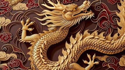 A meticulously detailed Chinese dragon design, rendered in gold on a rich red background with floral accents. This artwork showcases the intricacy and symbolism of oriental art.