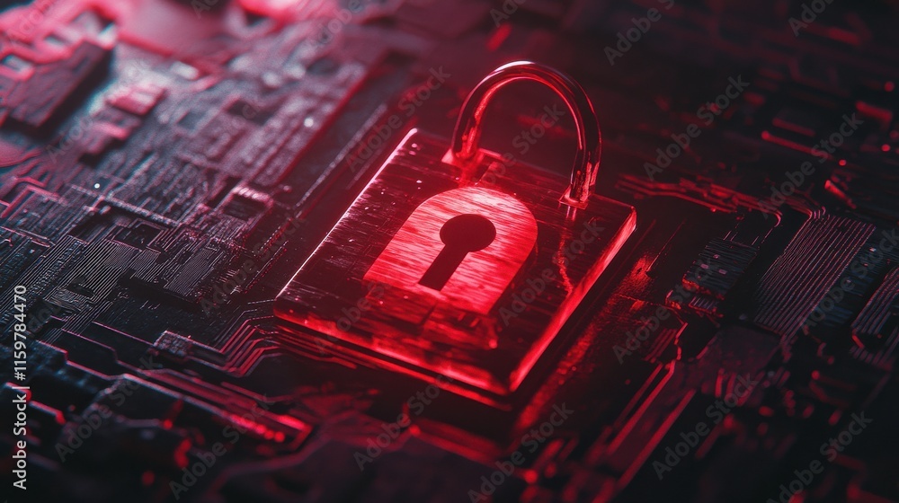 Poster tech overlay with red lock on minimalist background
