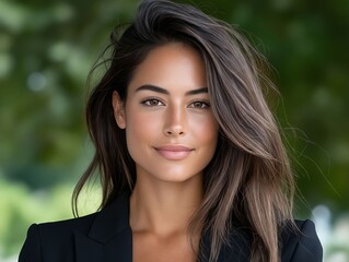 Naklejka premium A woman with long brown hair wearing a black blazer