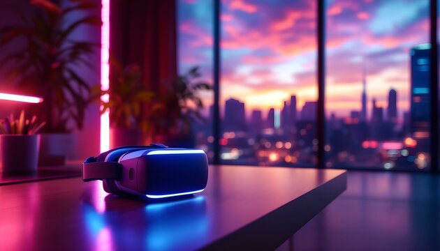 VR headset set on a glass desk on the left, with a vibrant futuristic office background showcasing holographic displays and modern furniture on the right