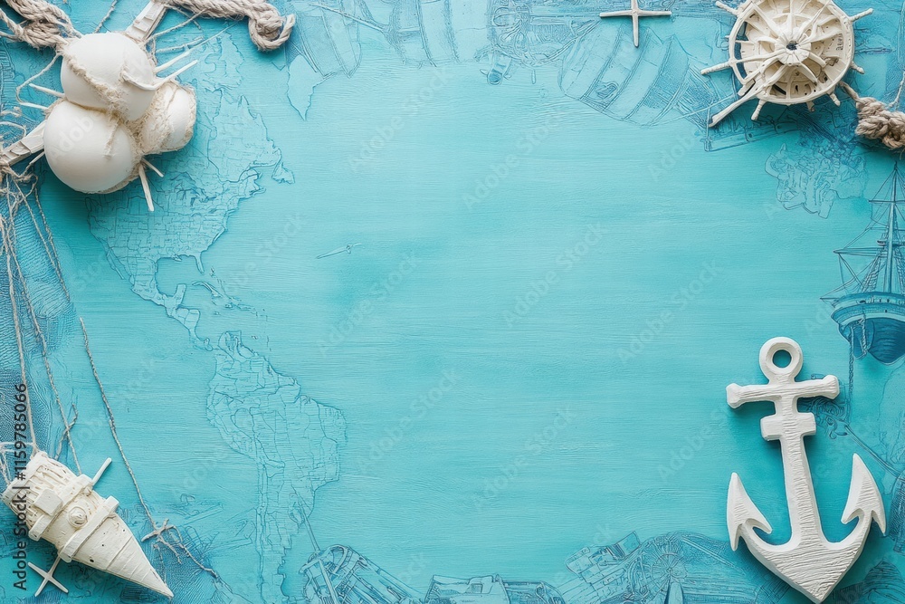 Leinwandbilder nautical map with anchor and maritime elements on a textured blue background for creative sea themed