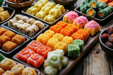 An assortment of vibrant traditional Indonesian snacks called jajanan pasar including risoles kue ku and kue apem are beautifully displayed and highly flavorful