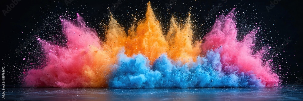 Poster a vibrant explosion of colored powder creating a dynamic and artistic visual effect.