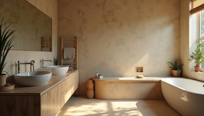  A modern bathroom features a double sink vanity with a large mirror, a freestanding bathtub, and a wooden towel rack, with natural light and plants adding a touch of greenery.