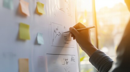 Entrepreneur planning goals at a whiteboard in a bright room. Featuring sticky notes and diagrams