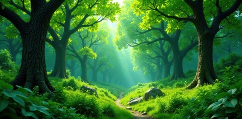Fototapeta premium Vibrant green forest with lush foliage and towering trees, foliage, trees, forest