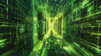Abstract emerald green technology background with a cyber network grid, connected particles, and artificial neurons, evoking a lush and oasislike futuristic tech environment. Oasislike. Illustration