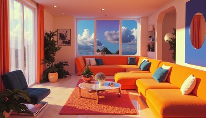  A modern living room boasts a vibrant color scheme, with orange sofas, a blue armchair, and a red rug, complemented by a large window offering a view of a mountainous landscape.