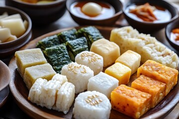 Assorted Korean rice cakes including Songpyeon and Baramtteok served with tea during Chuseok or Seollal