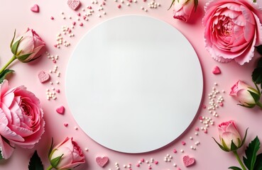 Pink floral arrangement with white circle, copy space. Pink roses, peonies around white round plate. Small heart-shaped sprinkles scattered around plate. Perfect for womens day celebrations romantic