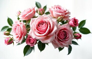 Beautiful pink roses in floral arrangement. Fresh flowers. Elegant bouquet isolated on white background. Romantic design. Floral decorative element. Spring summer bouquet. Perfect for wedding