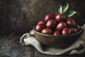 Obraz premium Bowl of ripe jujubes on rustic wood Healthy fruit purifies blood rich in vitamin C Ziziphus zizyphus