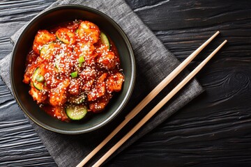 Bowl of spicy cucumber salad in kimchi sauce topped with sesame seeds viewed from above with chopsticks on the table