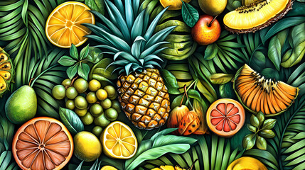 Vibrant tropical motif with fruits and palms. Oasislike. Illustration