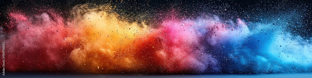 Poster a vibrant explosion of colorful powder creating a dynamic, artistic visual effect.