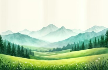 Fototapeta premium Serene green field stretches out towards misty mountain range. Vegetation, small white flowers dot foreground. Picturesque countryside scene evokes tranquility, peace. Ideal for nature lovers,