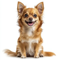Happy long-haired chihuahua sitting on white background