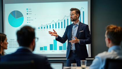 Businessman giving presentation to audience. Data graphs, charts displayed on projector screen. Meeting in office setting. Team collaboration in progress. Pro discussion about business strategy,