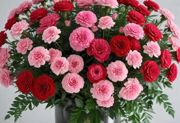 Beautiful flowers arrangement with red roses and pink carnations, pink carnations, bouquet