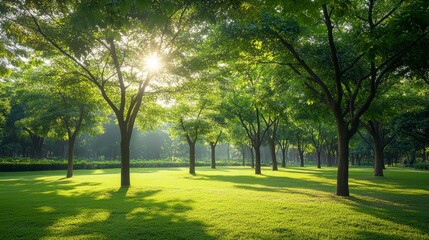 Fototapeta premium Sunlit Park with Lush Green Trees and Grass - Serene Morning Scene