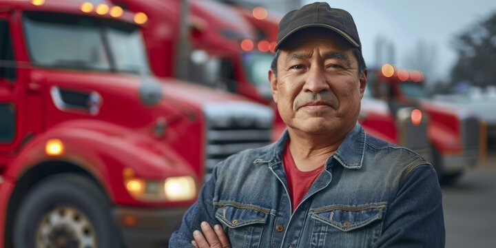 Logistics manager posing confidently in front of red trucks