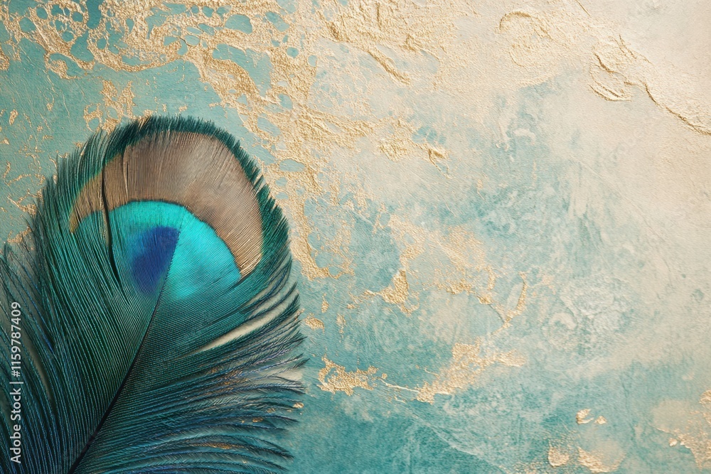 Aufkleber Close up view of a vibrant peacock feather with intricate textures and elegant colors against a textured background for design use. Generative AI