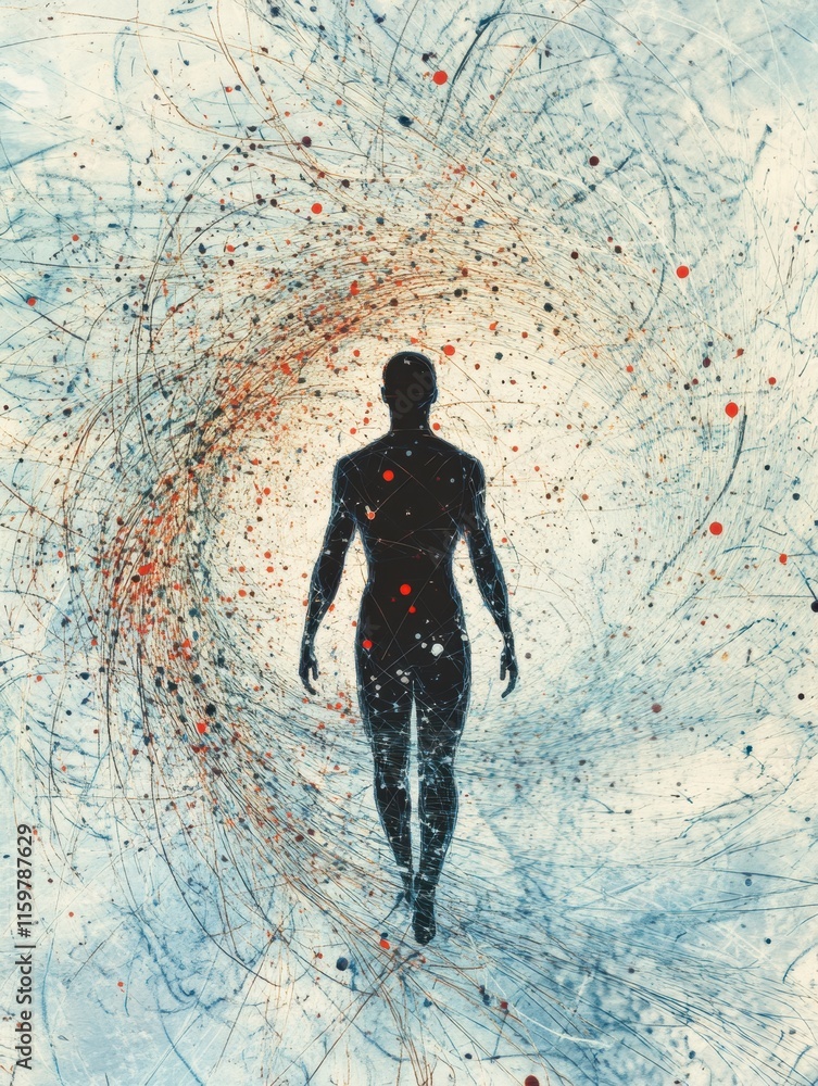 Aufkleber silhouette of a person engulfed in an abstract whirlwind representing feelings of loneliness and iso