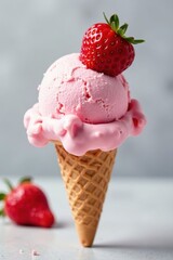 Pastel pink ice cream scoop with a strawberry on top , strawberrytreat, frozen, sweet