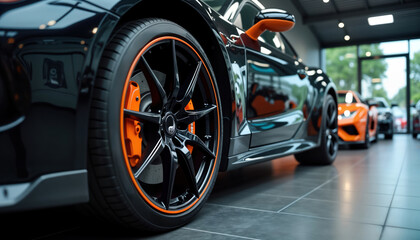 Close up view of high performance car alloy wheels. Stylish black car with orange rims. Modern car parts in showroom. Luxury car detail. Elegant auto design. Sporty car tires. Sleek automotive