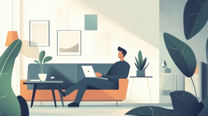 Relaxed Man Working on Laptop in Modern Living Room