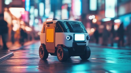 Autonomous Delivery Robot in Neon City at Night